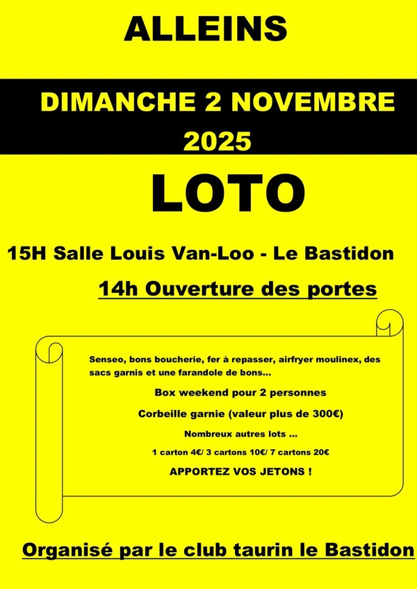 Loto du Club Taurin le Bastidon – dimanche 2 novembre 2025 – 14h00 au Bastidon