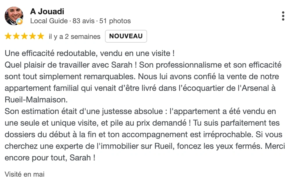 Sarah Bendib, agence immobilière Rueil-Malmaison : avis client vente appartement Arsenal Rueil-Malmaison