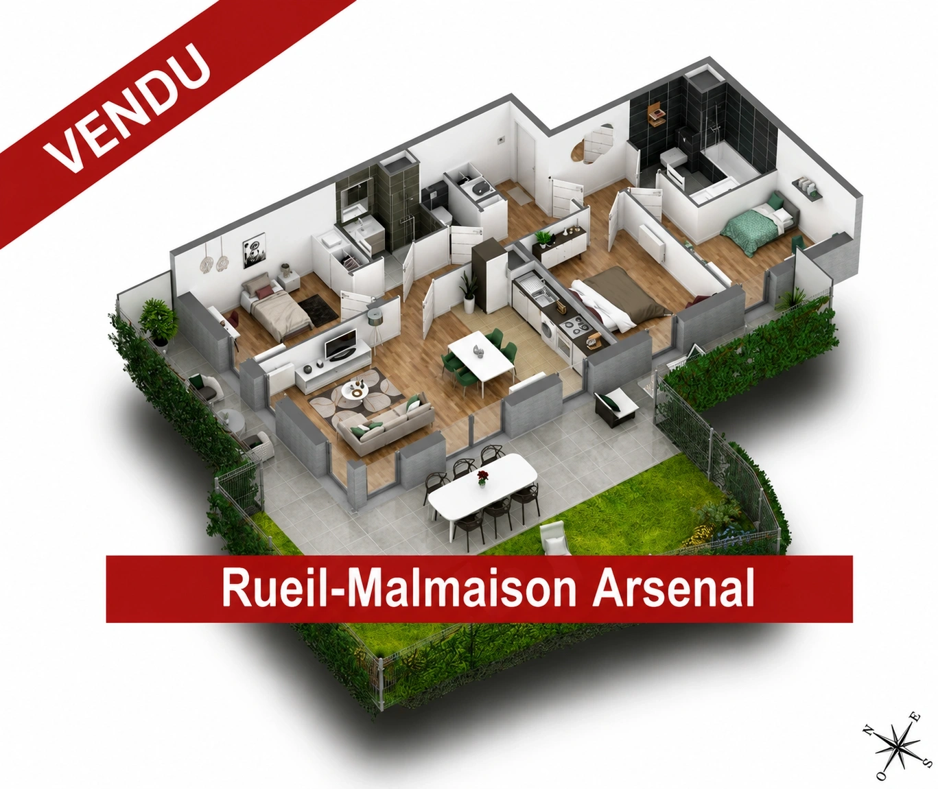 Prix au m² d'un appartement en rez-de-jardin vendu dans l'Écoquartier de l'Arsenal à Rueil-Malmaison