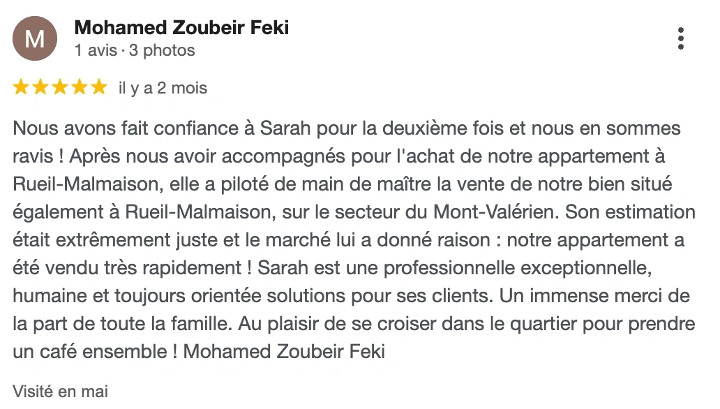 Avis client de Sarah Bendib, agence immobilière à Rueil-Malmaison : vente d’un appartement dans le quartier du Mont-Valérien