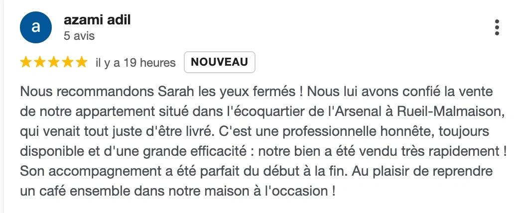 Agence immobilière Rueil-Malmaison, Sarah Bendib : avis client vente appartement Arsenal Rueil-Malmaison