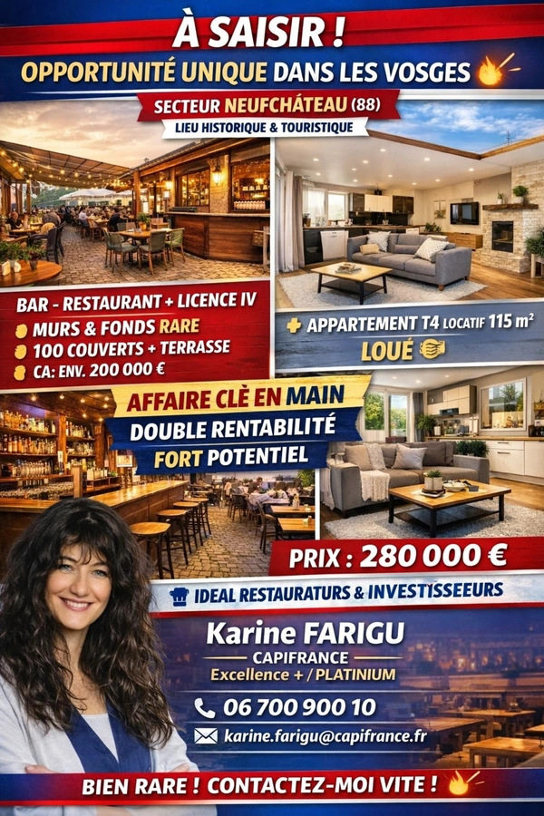 Dpt Vosges (88), à vendre secteur NEUFCHATEAU - MURS & FONDS BAR RESTAURANT IMMEUBLE