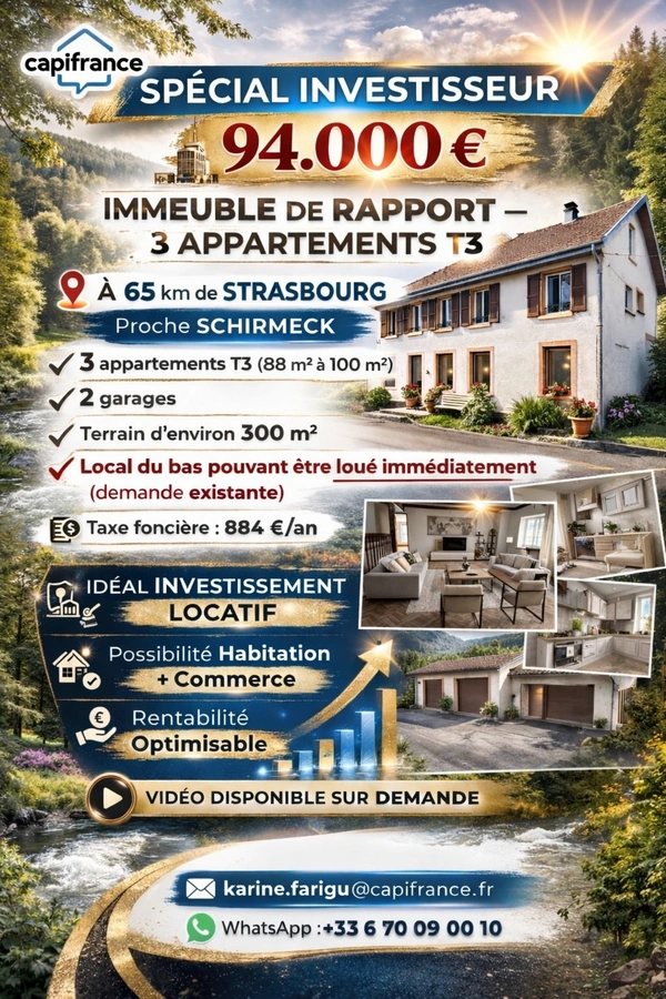 Immeuble à vendre proche SCHIRMECK - IMMEUBLE de 3 APPARTEMENTS T3 + 2 GARAGES