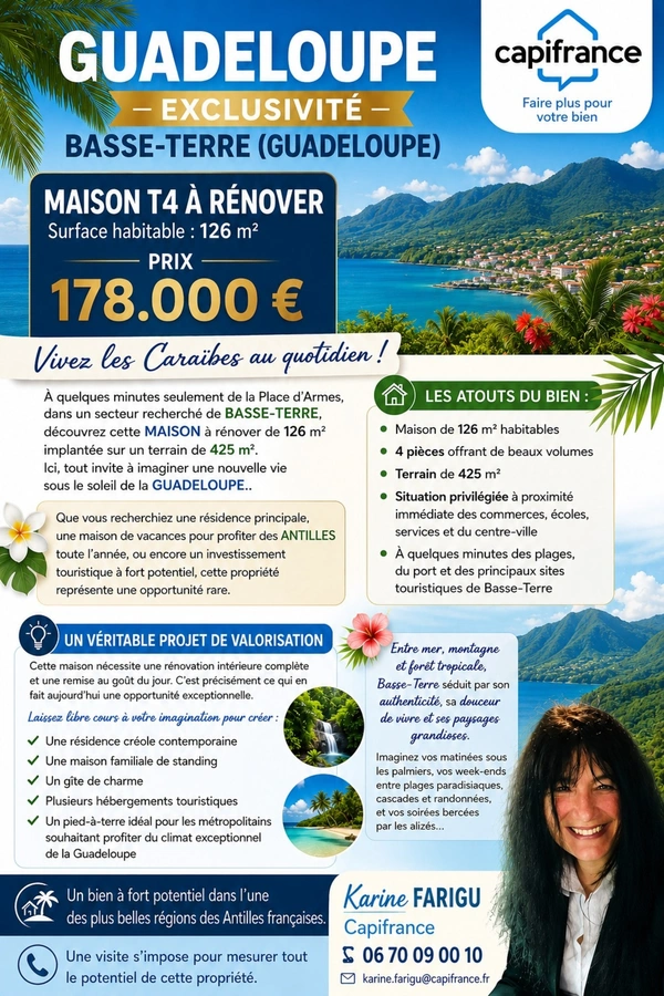 Maison à vendre 4 pièces BASSE TERRE (971) MAISON T4 proche de la Place d'Armes