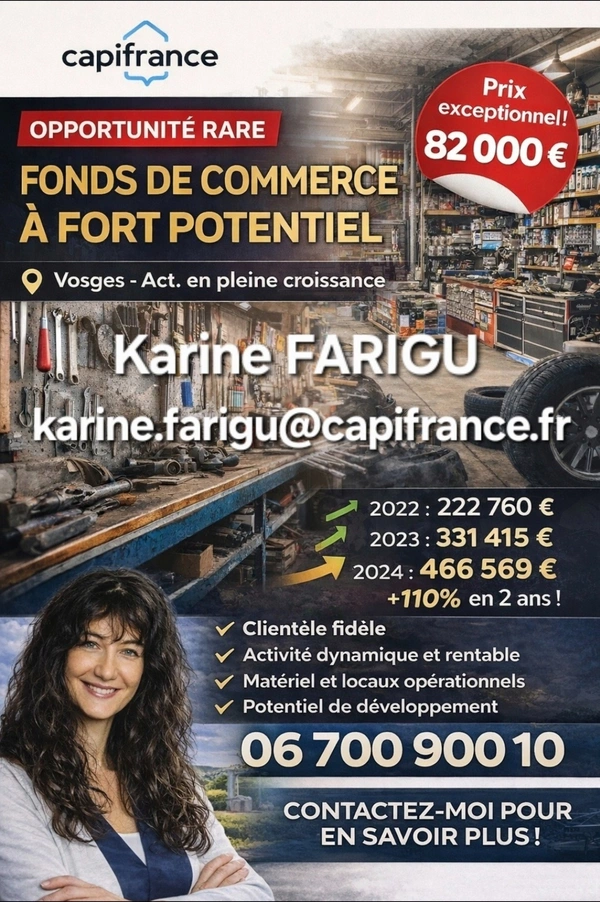 Fonds de commerce GARAGE / ENTRETIEN AUTOMOBILES de 900 m2 avec PARKING BUREAUX - Axe EPINAL/ XERTIGNY (88)