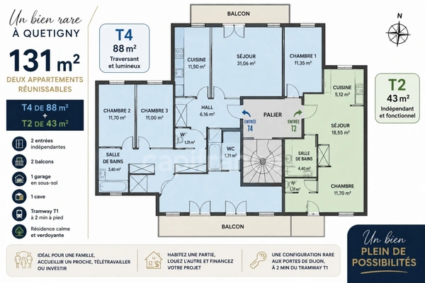 Cote d'Or - Appartement à vendre Dijon agglomération -131 m² • T4 + T2 • 2 entrées • 2 balcons • Garage • Tramway à pied