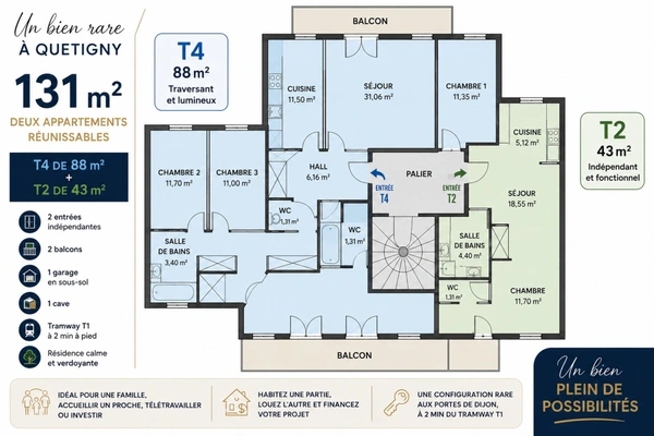 Cote d'Or - Appartement à vendre Quetigny -131 m² • T4 + T2 • 2 entrées • 2 balcons • Garage • Tramway à pied