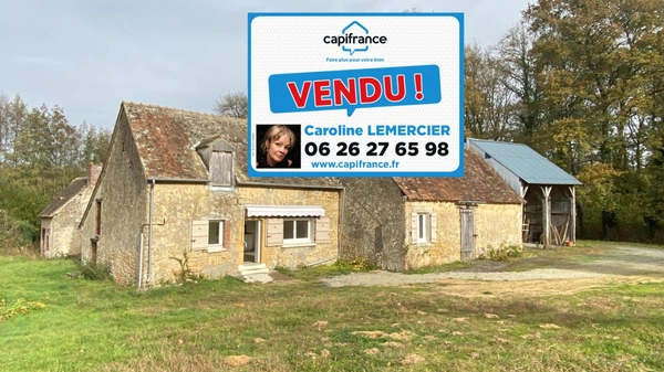 Maison à vendre 4 pièces proche de CONNERRE (72)FERMETTE en campagne isolée de 60 m² habitables 2 chambres avec un potentiel evolutif sur dependances, 1 hectare de terrain avec ruisseau 