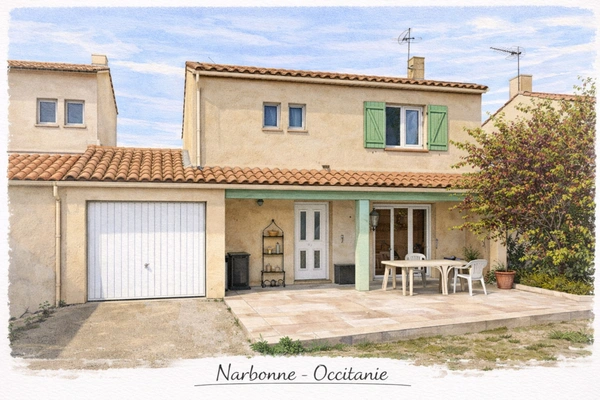 Maison Narbonne-Sud avec piscine couverte, panneaux solaires et extérieurs complets