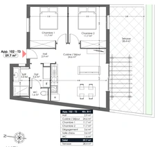 LINGUIZZETTA (20) appartement à vendre 3 pièces de 59,70 m2 avec terrasse de 28,40 m2