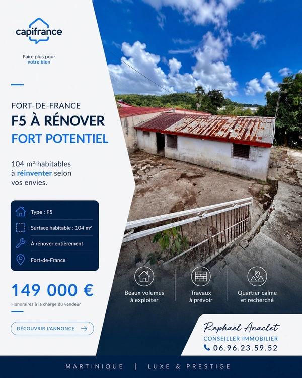 GROSSE OPPORTUNITÉ ! Maison à vendre 5 pièces FORT DE FRANCE (972)