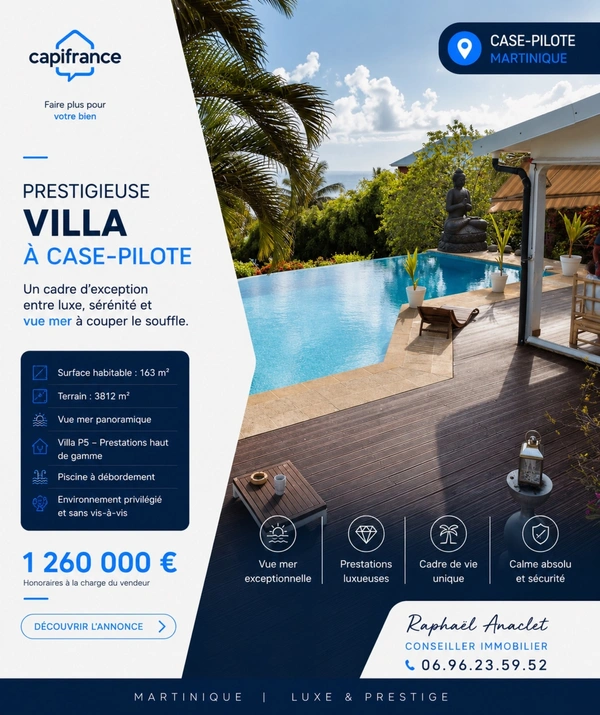 ❤️COUP DE CŒUR❤️ À vendre – Villa contemporaine avec piscine à débordement, vue mer et dépendance locative 97222 CASE-PILOTE