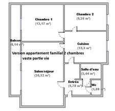Appartement70 m²/Option 1 résidence principale 2 chambres + vaste cuisine sejour/option 2 colocation 4 chambres rendement 9%