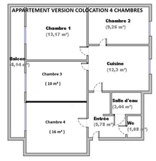 Appartement70 m²/Option 1 résidence principale 2 chambres + vaste cuisine sejour/option 2 colocation 4 chambres rendement 9%