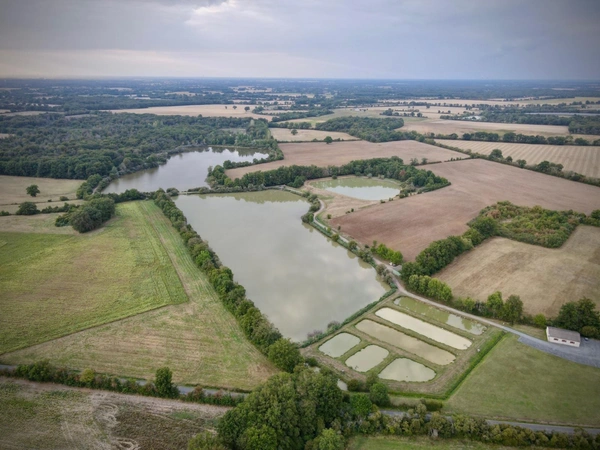 Opportunité d'affaires exceptionnelle : domaine de 24 hectares comprenant 15 hectares d'étangs, parfait pour divers projets touristiques et commerciaux. Avec une activité de location de tentes glampin