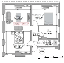 Appartement T3 loué à vendre PARIS 19e, surface habitable 54 m2 + cave 5.6 m2