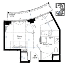 Studio neuf à vendre PARIS 14e, surface habitable 23.90 m2 + balcon 4.50 m2.
