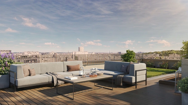 appartement T4 neuf à vendre PARIS 20e, surface habitable 99.00 m2 + loggia 6.90 m2 + rooftop 29.70 m2.