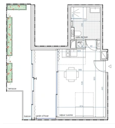 Studio neuf à vendre PARIS 14e, surface habitable 25.50 m2 + jardin d'hiver 9 m2 + terrasse 13.80 m2.