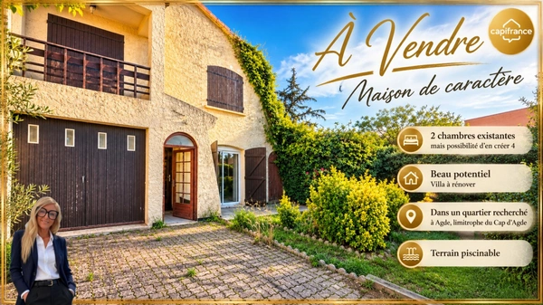 Maison à vendre 5 pièces AGDE (34), maison avec garage + carport et jardin proche plages et commodités 