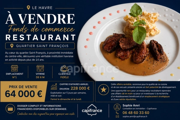 *Quartier Saint François - Le Havre* Fonds de commerce Restaurant 80 m² emplacement numéro 1, vitrine de 8 m.