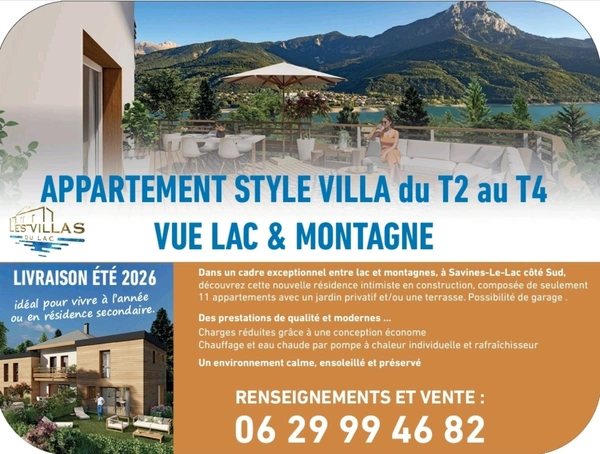 Appartement à vendre 2 pièces avec jardin vue Lac et Montagnes sur SAVINES LE LAC (05) , Dans une résidence en construction style villa  plein Sud ,livrable été 2026