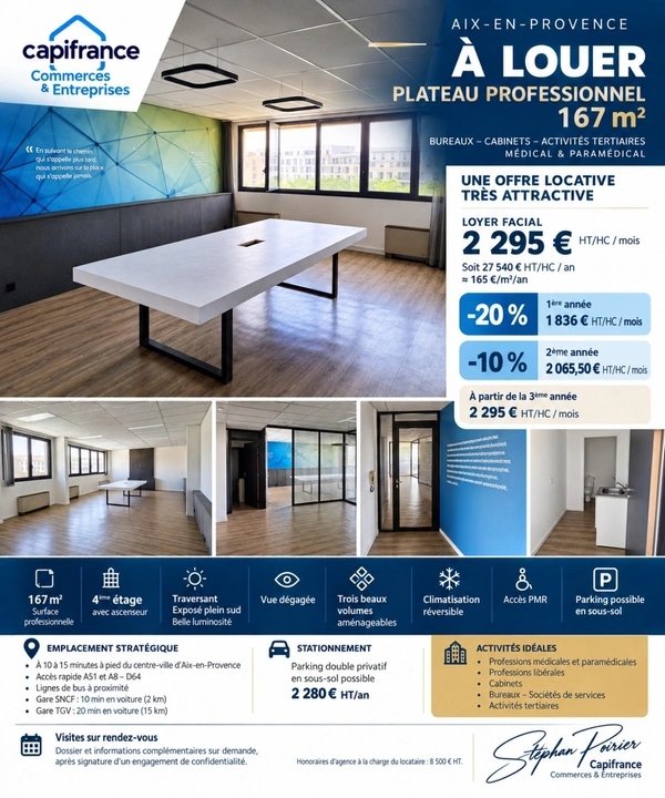PLATEAU DE BUREAUX 167 M² À LOUER – AIX-EN-PROVENCE Proximité centre-ville – Immeuble tertiaire et médical – Espace lumineux et modulable