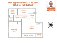 T2 lumineux dernier étage avec balcon + parking sécurisé (libre de suite)