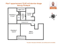 T3/T4 rénové 67 m² Bourg-L’Évêque Dernier étage, balcon S-O, cave, parking résident