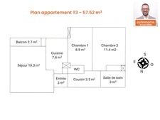 A louer T3 meublé lumineux 57 m², balcon, calme, proche commodités, gare à 15 min