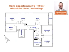 Grand appartement traversant 4 chambres, proche métro Gros Chêne et commerces