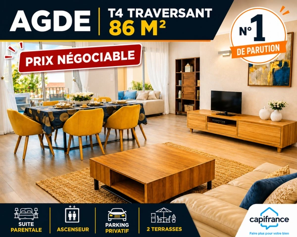  Dernières opportunités de négociation ! Découvrez ce magnifique T4 traversant de 86 m², situé dans une résidence sécurisée avec ascenseur. Suite parentale, deux terrasses, parking privatif et aucun t