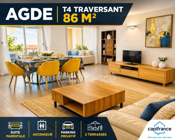 🔥 RARE À AGDE – T4 TRAVERSANT AVEC SUITE PARENTALE, ASCENSEUR ET PARKING PRIVÉ