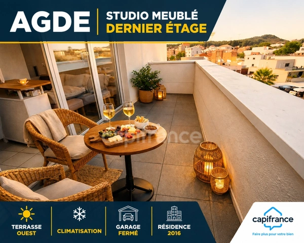 Sélection Privée Capifrance : studio rare au dernier étage avec terrasse et garage fermé.