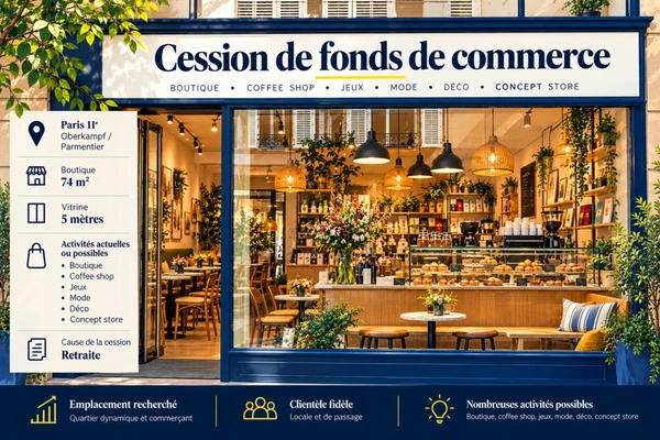 Fonds de commerce à vendre PARIS 11EME ARRONDISSEMENT (75) -  OBERKAMPF / PARMENTIER – BOUTIQUE 74 M² – VITRINE 5 M – 98 500 € HONORAIRES D’AGENCE INCLUS – CAUSE DE LA CESSION : RETRAITE