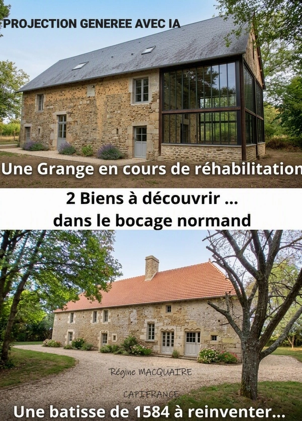 Bâtisse du XVIᵉ siècle à réhabiliter & Grange en cours de travaux – Ensemble foncier de 11 133 m² – Saint-Vigor-des-Monts (50420) 