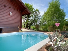   01300 CUZIEU .MAISON BOIS MASSIF TYPE CHALET, 146 m2 ,PLAIN-PIED,7 PIECES, 2 CH, TERRASSE, GARAGE,PISCINE, TERRAIN 1100 M2