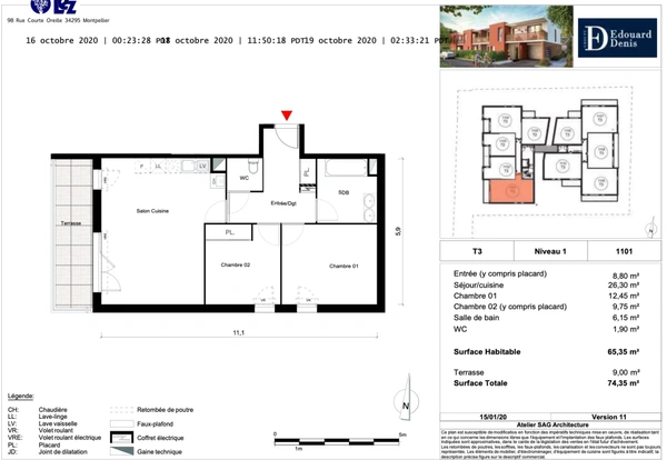 Dpt Hérault (34), à louer MONTPELLIER appartement T3 d'envieon 65 m² avec terrasse de 8m²