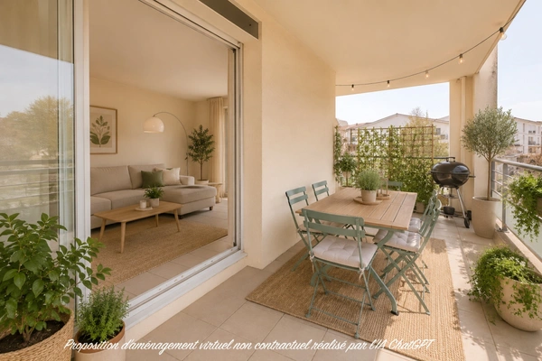 T2 47 m² – Grande terrasse 22 m² + balcon – Parking + garage – Résidence avec piscine – Vourles