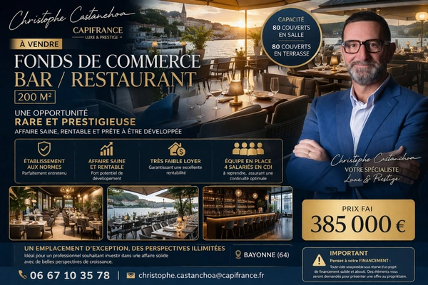 À VENDRE FONDS DE COMMERCE BAR RESTAURANT PETIT LOYER AUX ALENTOURS DE BAYONNE 