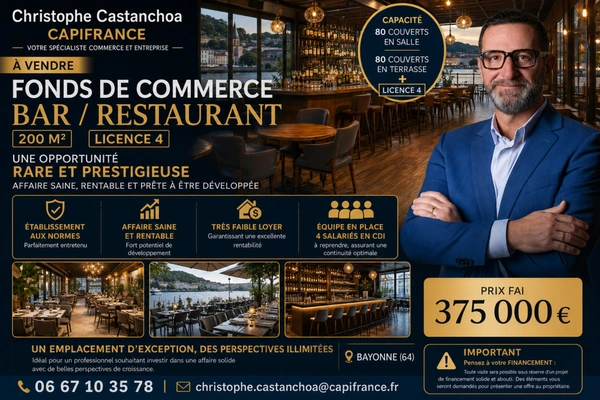 À VENDRE FONDS DE COMMERCE BAR RESTAURANT PETIT LOYER AUX ALENTOURS DE BAYONNE 