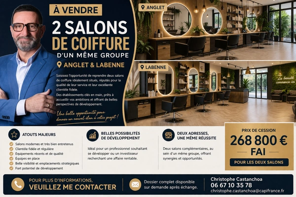 ✂️ À VENDRE – LOT DE 2 SALONS DE COIFFURE (ANGLET & LABENNE)